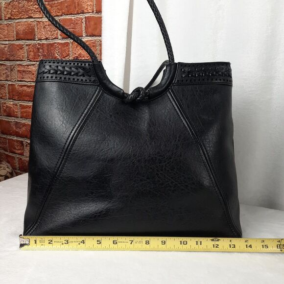 Black Braided Handle Vegan Faux Leather Shoulder Bag Multiple Compartments - Picture 10 of 12